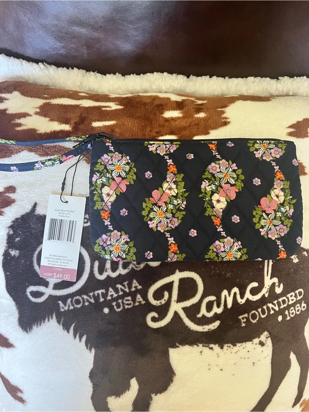 Vera Bradley Black Quilted Floral Wristlet with Green & Pink Accents